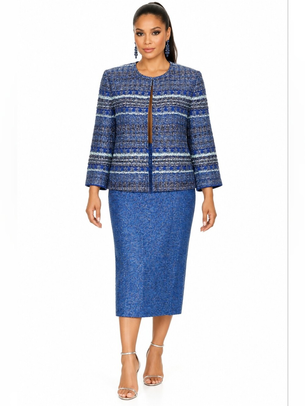 St. John Metallic Knit 2PC Skirt Suit Jacket Blue Size 12 NWT Skirt